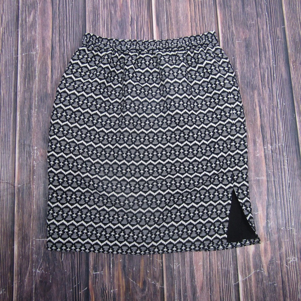 LOFT Skirt Womens XS Black White Geometric Knit Pencil Knee Length Lined Pull On